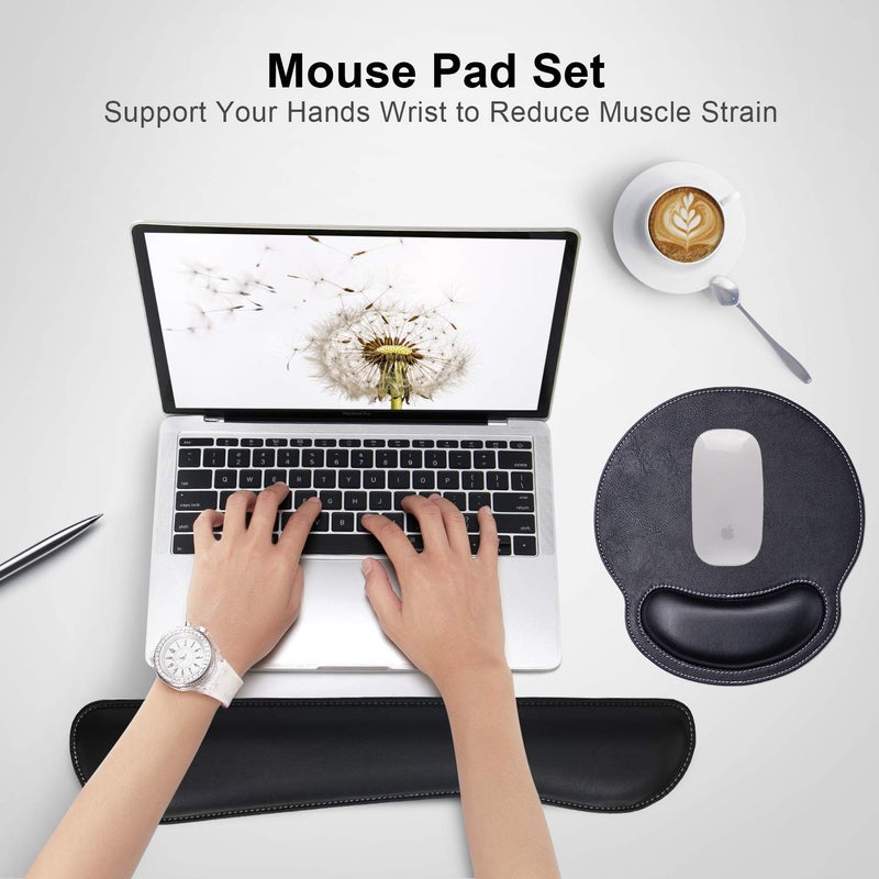 iVeze Mouse Pads with Wrist Support and Keyboard Wrist Rest Pad Set,Ergonomic PU Leather Mouse Pad for Laptop Computer,Non Slip Base Comfortable Mousepad Raised Memory Foam Easy Typing Pain Relief, Black - Image 2